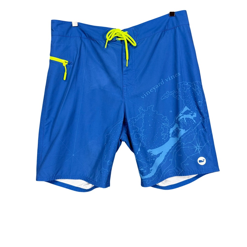 Vineyard Vines Board Shorts Mens 34 Blue Nautical‎ Map Compass Neon Zip 1M0407
